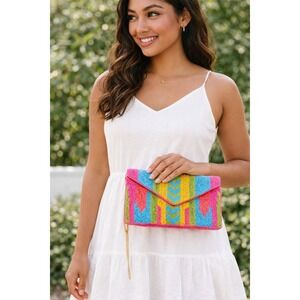 Kay Lee Beaded Clutch Crossbody Bright Tribal Southwest Envelope Bag Pink Yellow